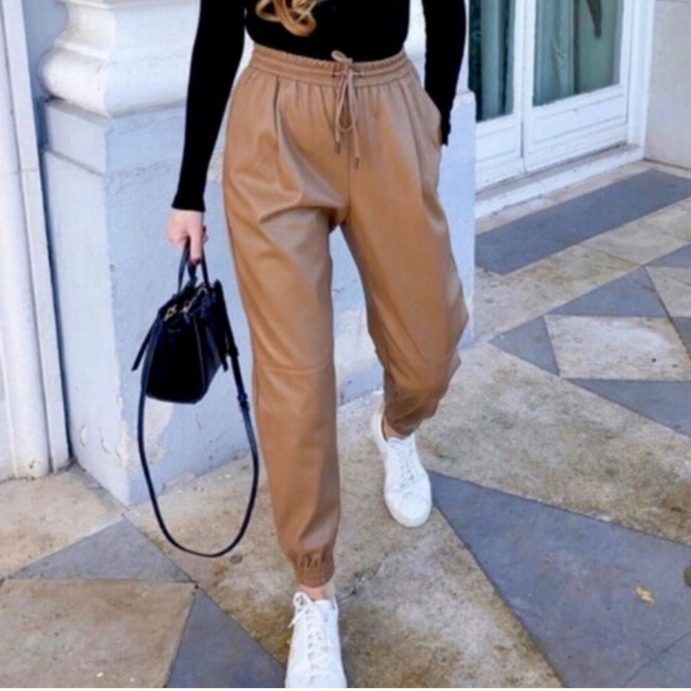 ZARA High Rise Faux Leather Jogger in Tan